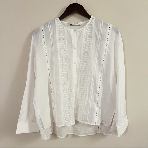 ZARA White Asymmetric Hem Blouse Button Front Cotton Pleated Front Size XS - Picture 4 of 10